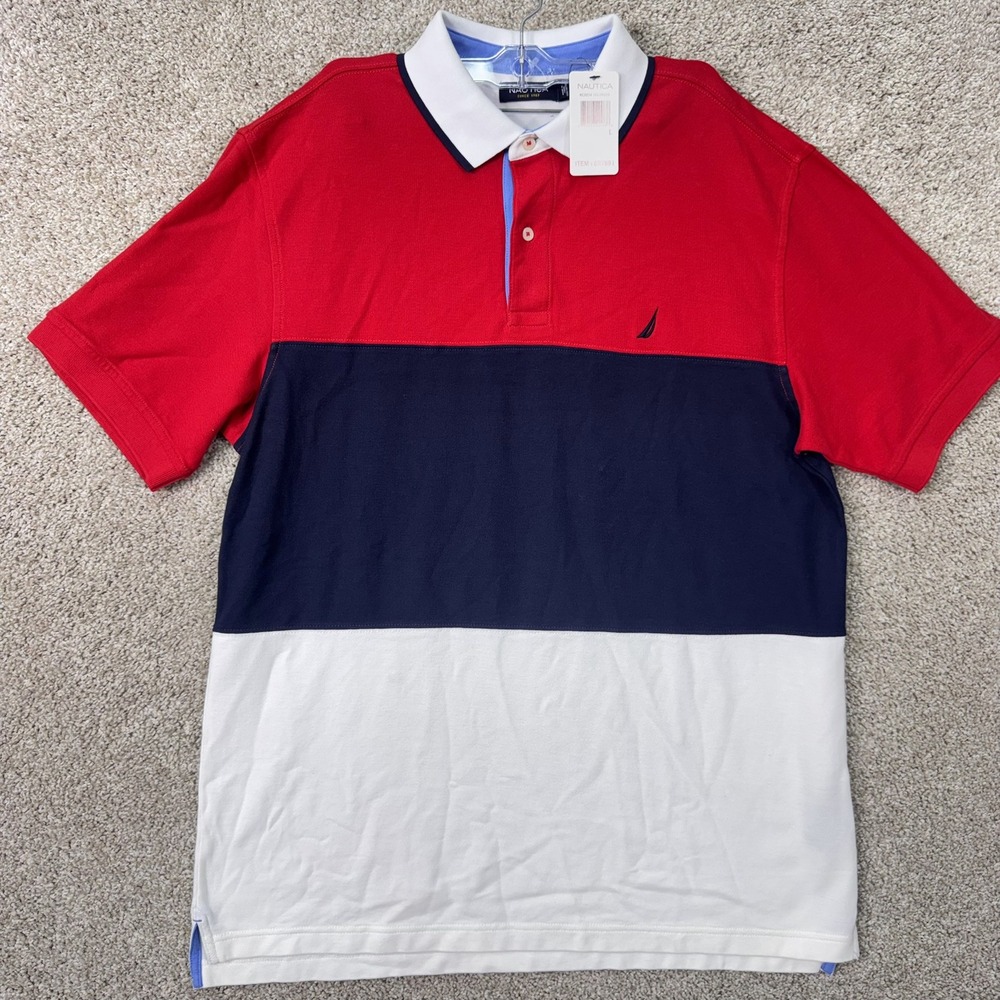 Nautica Polo Shirt Mens L KC3214 Red Navy White Colorblock NEW